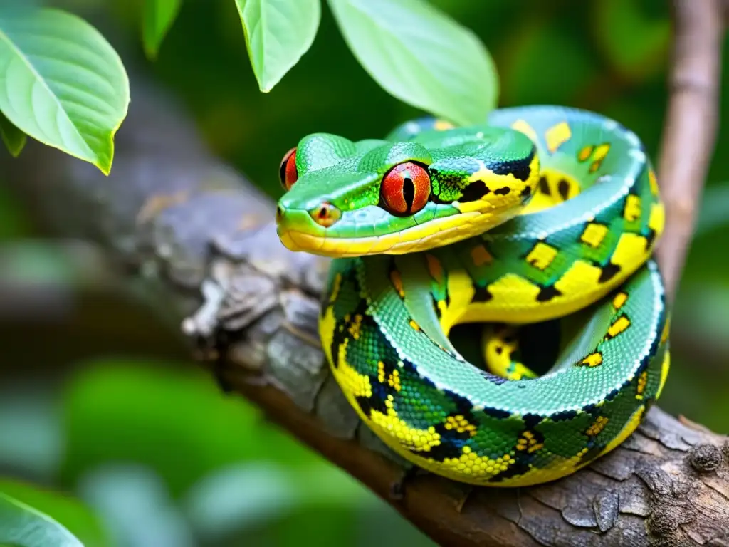 Una impresionante imagen de una pitón verde enrollada alrededor de una rama, observando atentamente a una rana arbórea