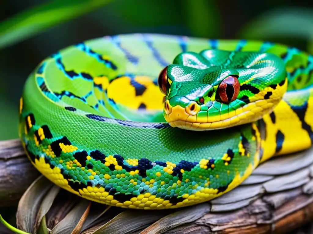 Una impresionante imagen de una pitón verde enroscada en una rama, resaltando su patrón de escamas y colorido vibrante