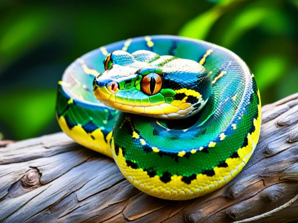 Una impresionante imagen de una pitón arbórea verde, con escamas vibrantes y ojos amarillos penetrantes, en su hábitat natural