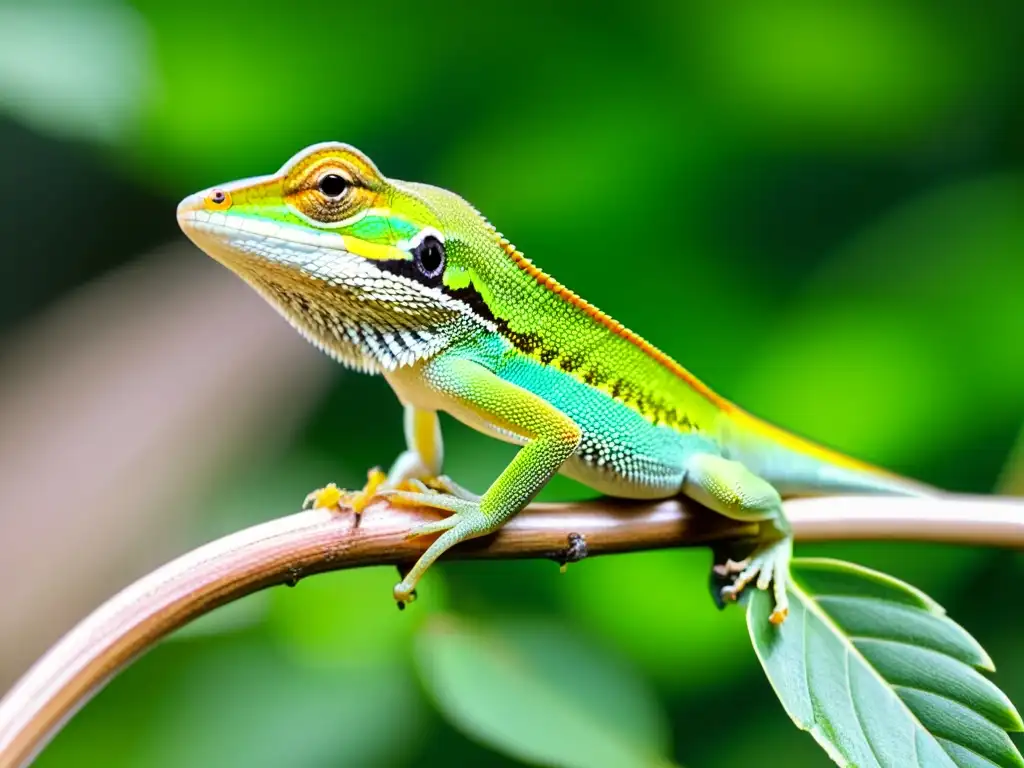 Una impresionante imagen de un anolis verde observando atentamente un grillo colorido