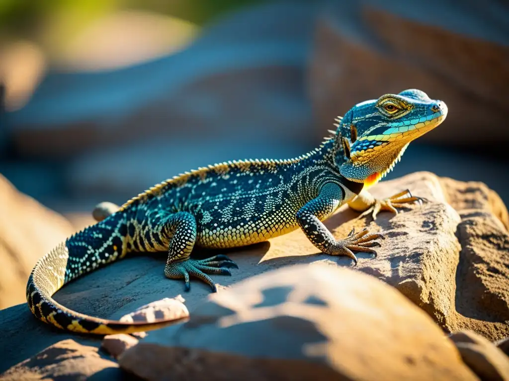 Impresionante lagarto monitor tomando el sol en una roca, con escamas y patrones nítidos