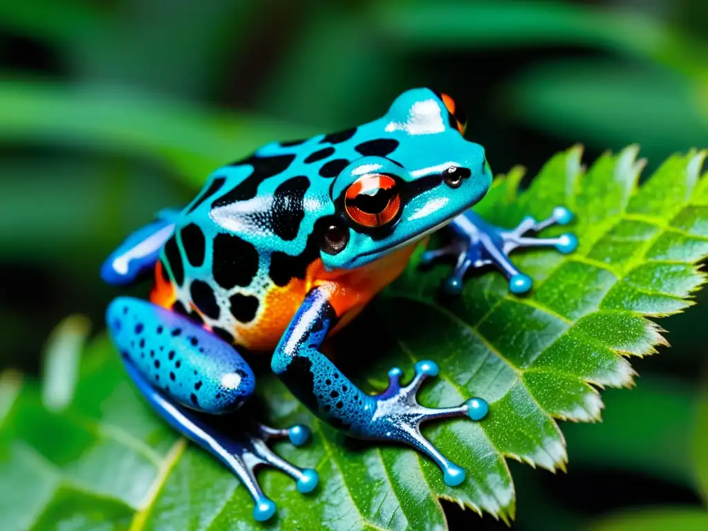 Una impresionante rana venenosa en la selva, reflejando la belleza única de las especies anfibias desconocidas en riesgo de desaparecer