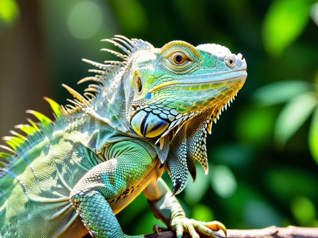 Una impresionante fotografía de reptiles narrativa que muestra una iguana verde en su hábitat natural, con detalles asombrosos y una atmósfera salvaje