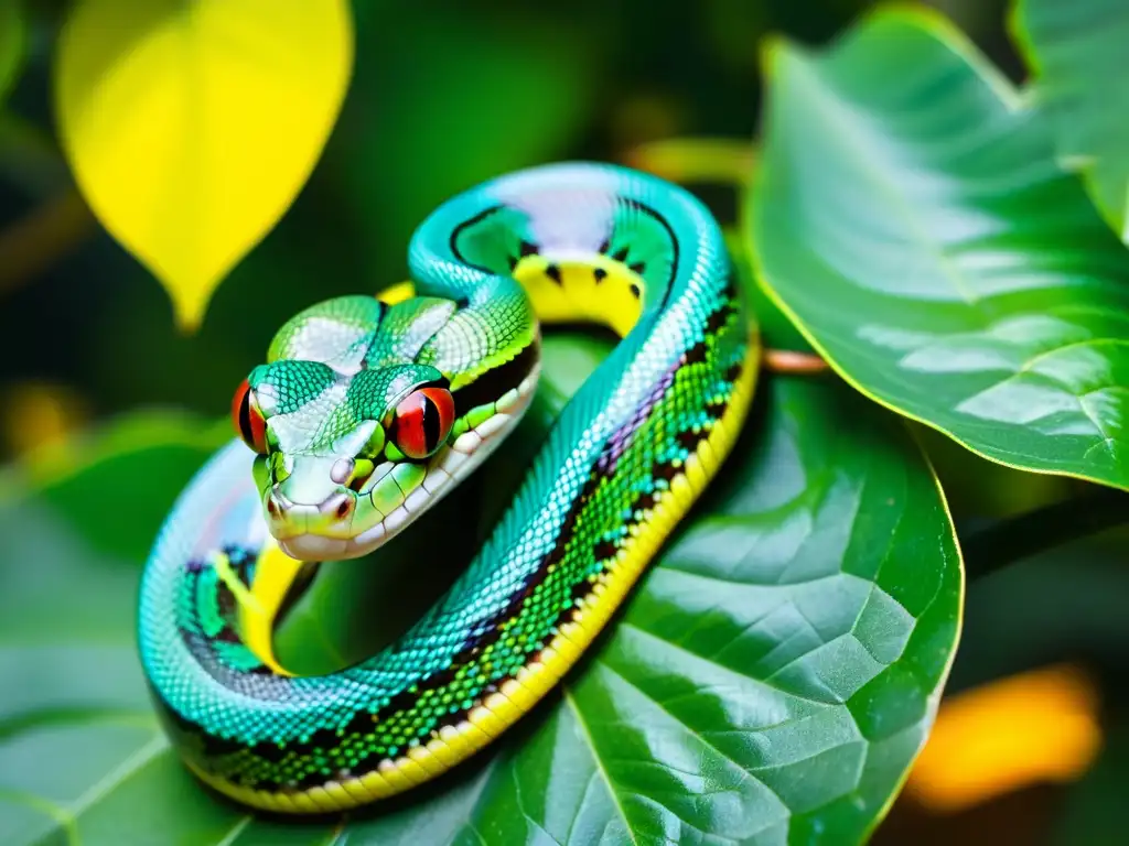 Un impresionante retrato de una serpiente verde entre hojas exuberantes en la selva tropical, destacando los mecanismos de mimetismo en reptiles