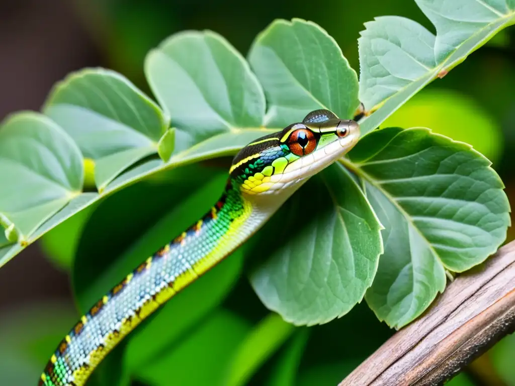 Un impresionante retrato de la serpiente de viña verde mimetizándose en su entorno