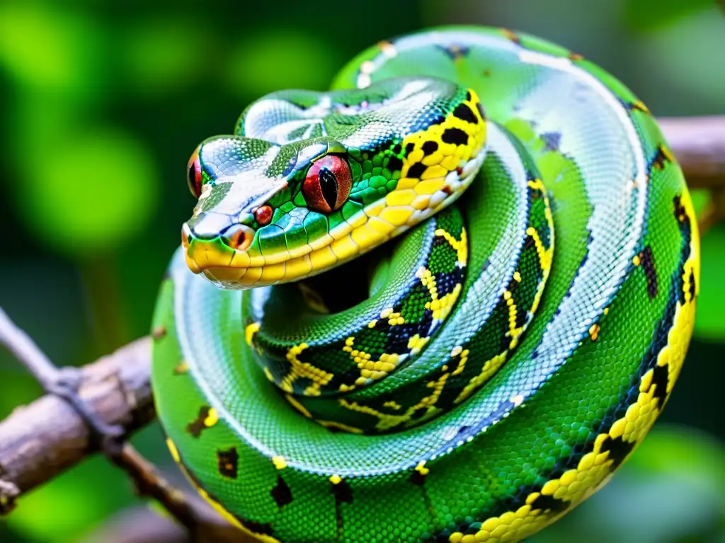 Una impresionante serpiente pitón verde en su hábitat natural, explorando su entorno