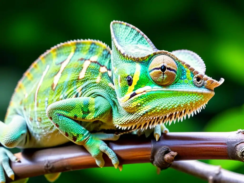 Una impresionante fotografía de un camaleón verde en su hábitat natural, fotografiar reptiles desde ángulos creativos