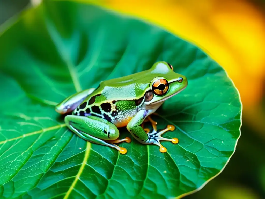 Increíble imagen de una rana verde en la selva, con su piel translúcida y ojos dorados