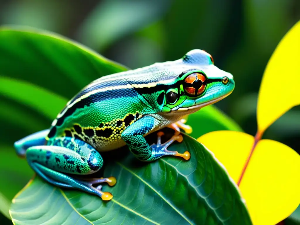 Influencia de reptiles y anfibios en la exuberante selva lluviosa, con una rana sobre una hoja, una serpiente entre la maleza y una iguana al sol