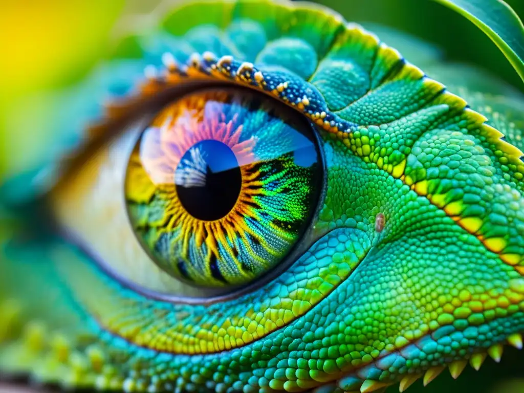 Innovaciones tecnológicas en conservación de reptiles: Detalle en alta definición del ojo de un camaleón, mostrando sus patrones e iris vibrantes