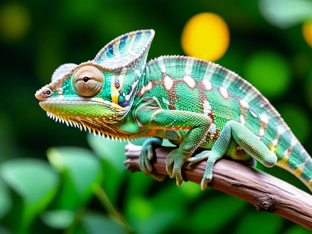 Un camaleón colorido captura un insecto en movimiento