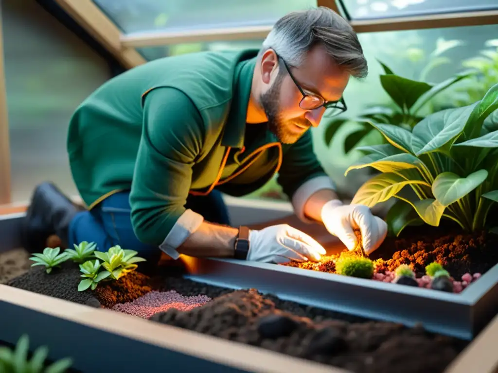 Instalación detallada de un sistema de calefacción por suelo radiante en un terrario, creando un ambiente cálido y acogedor para las plantas