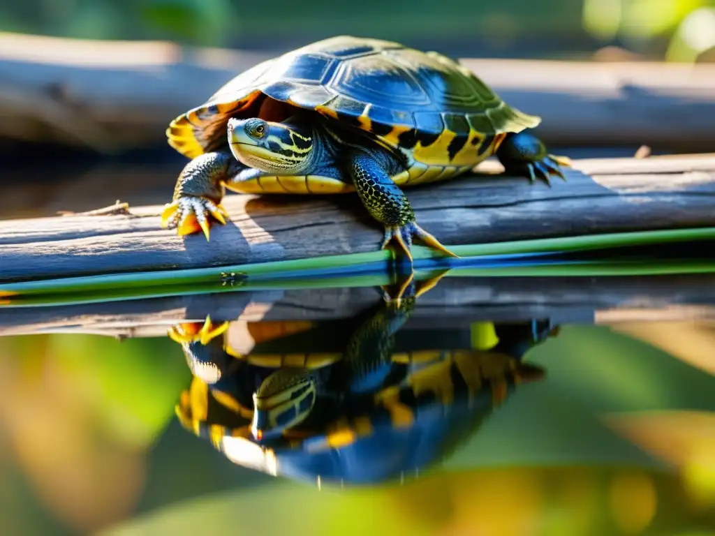 Interacción entre reptiles de tierra y especies acuáticas: una escena serena de una tortuga de agua dulce y una serpiente coexistiendo en un estanque soleado, reflejando armonía natural