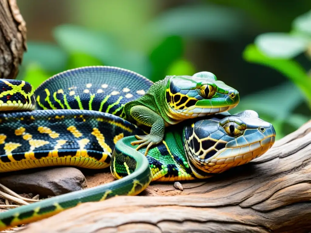 Interacciones entre reptiles y otros animales en su hábitat natural, con serpientes, lagartos y tortugas en un escenario cautivador