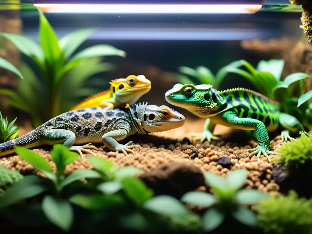 Interacciones sociales entre reptiles cautivos: Diversas especies conviven pacíficamente en su terrario, compartiendo el calor y el agua