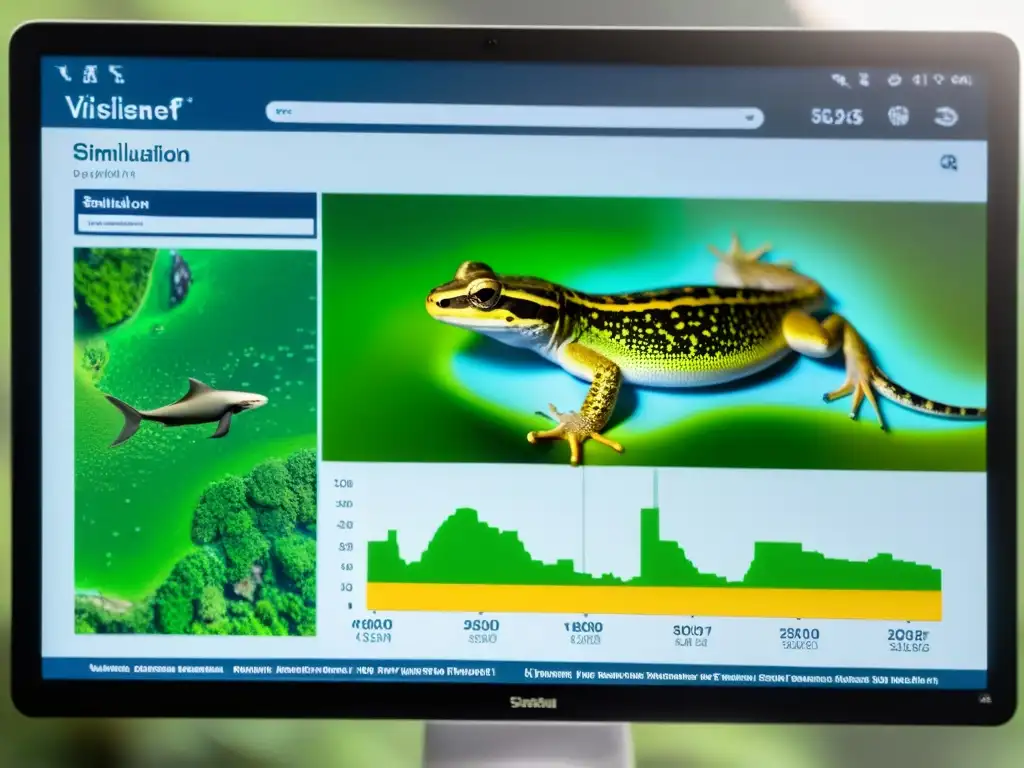 Interfaz de programa de simulación para reptiles y anfibios en hábitat natural con gráficos detallados y modelos 3D
