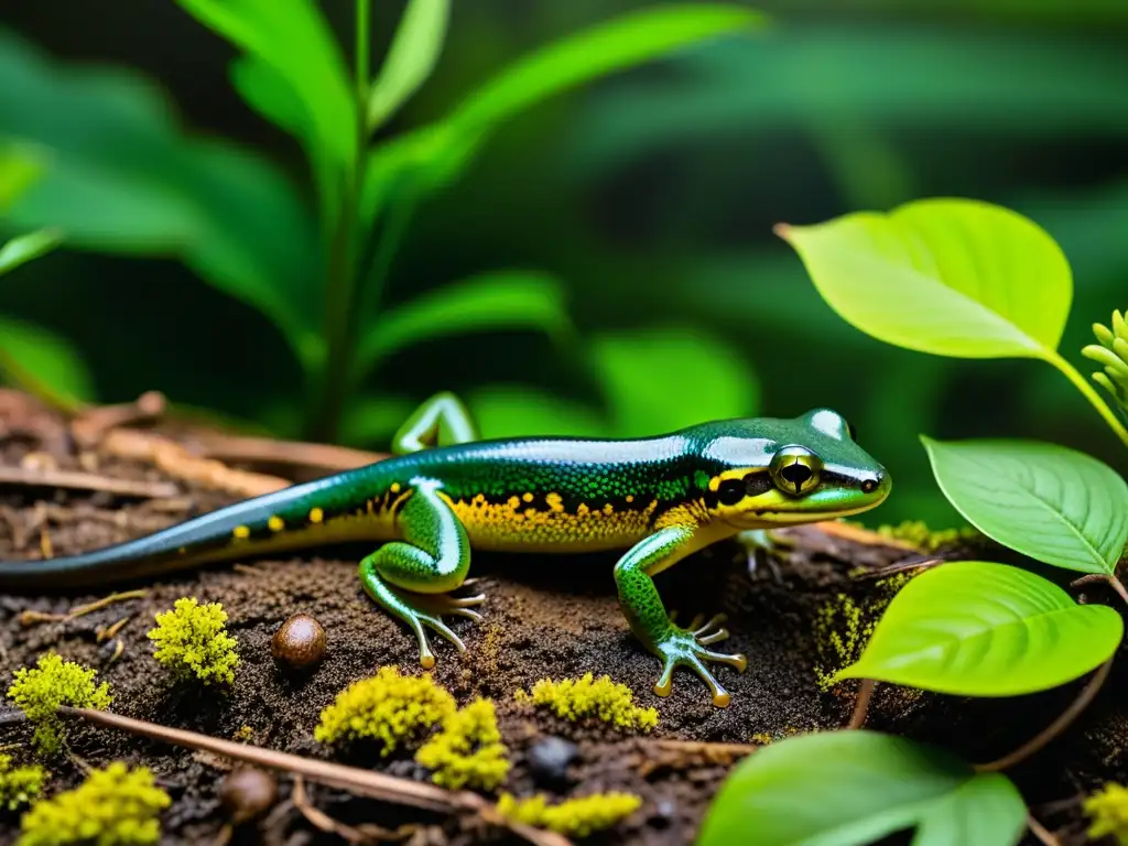 Un tritón invasor destaca entre la exuberante flora del bosque