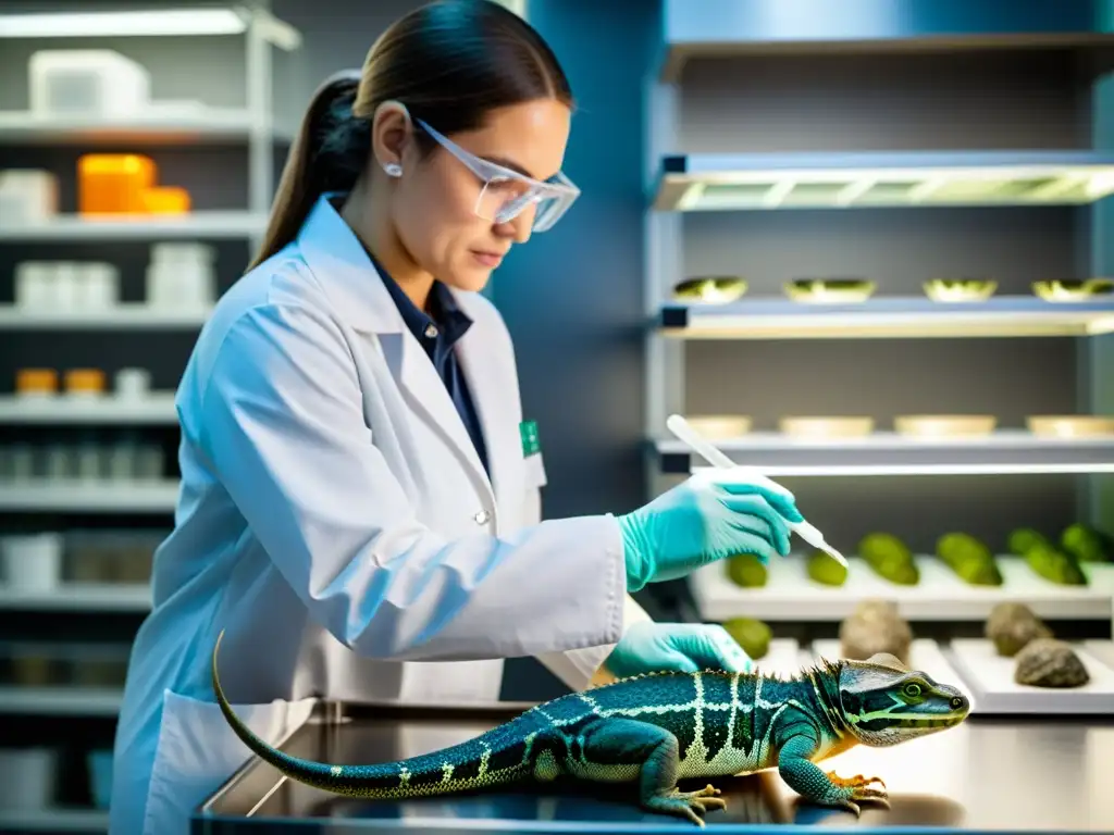 Un investigador en bata de laboratorio preparando reptiles para enfermedades salvajes, meticuloso y preciso