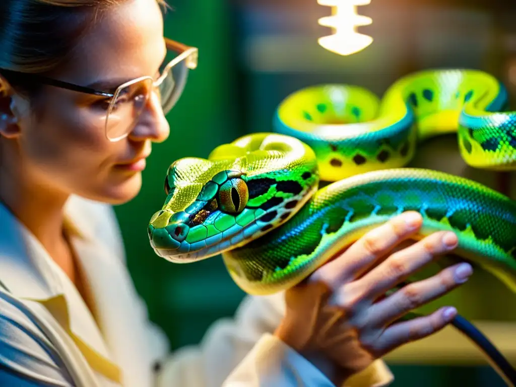 Un investigador maneja con cuidado una hermosa serpiente pitón verde en un laboratorio, resaltando la importancia de la ética en investigación científica serpientes