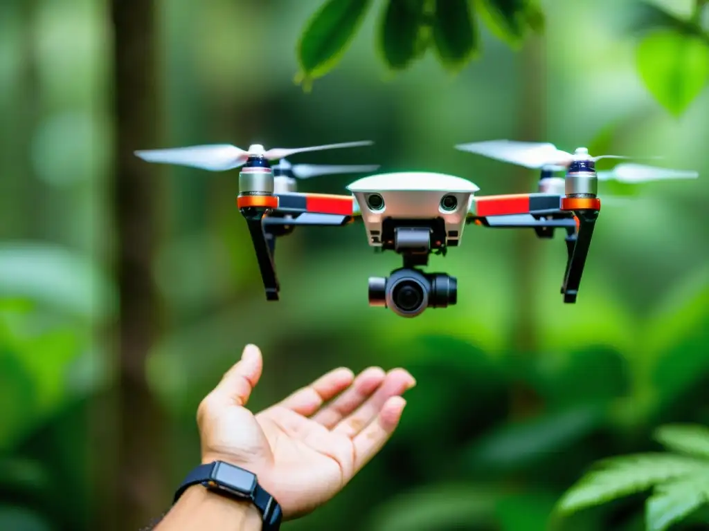 Un investigador guía un dron con sensores en la selva tropical, capturando datos para la investigación de campo en herpetología