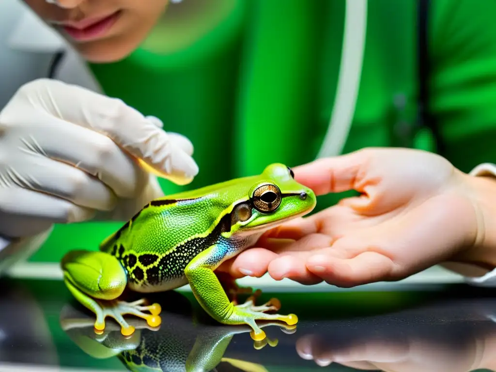 Un investigador ético maneja con cuidado una rana verde en un laboratorio, resaltando la belleza y complejidad de estos animales