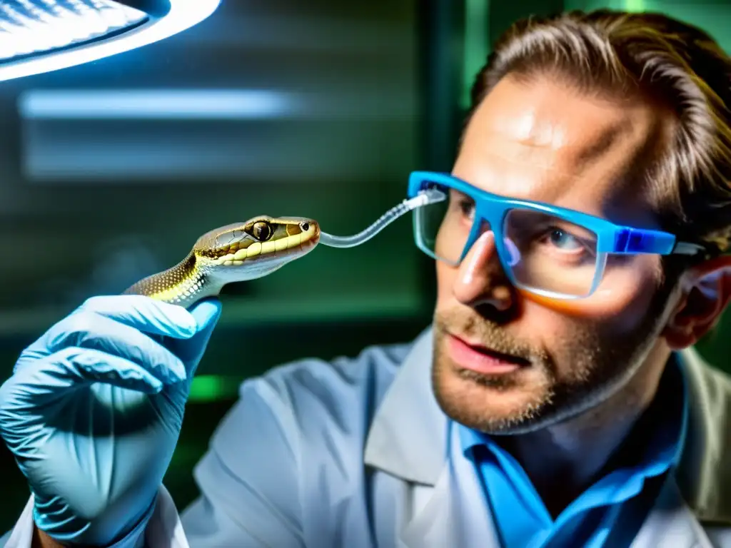 Un investigador en laboratorio extrae veneno de serpiente para antiveneno reptiles anfibios