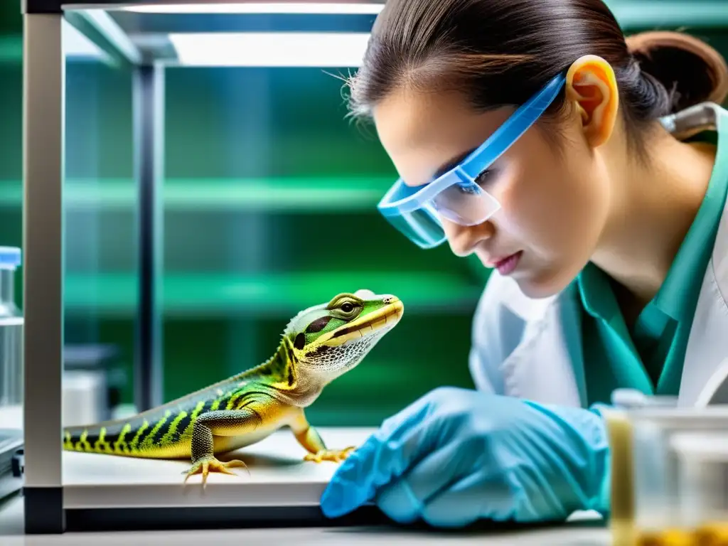 Un investigador extrae material genético de un reptil utilizando equipos de laboratorio avanzados, destacando la cría selectiva de reptiles genética