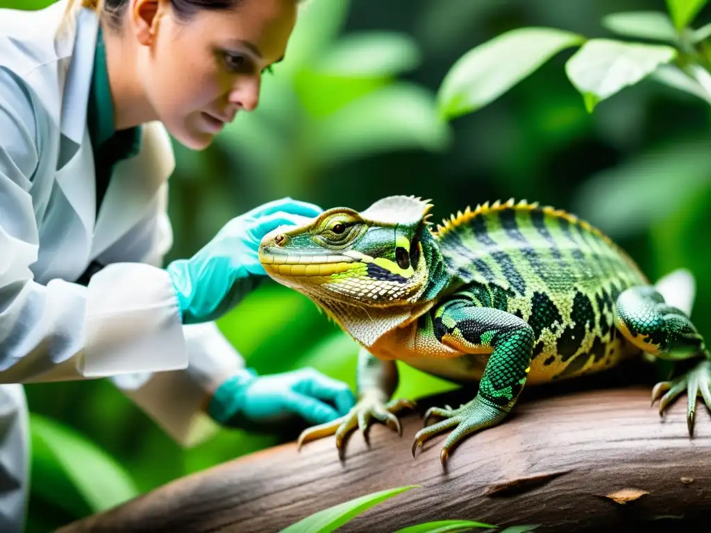 Un investigador examina con preocupación a un reptil enfermo en su hábitat natural, revelando la amenaza de patógenos en reptiles en peligro