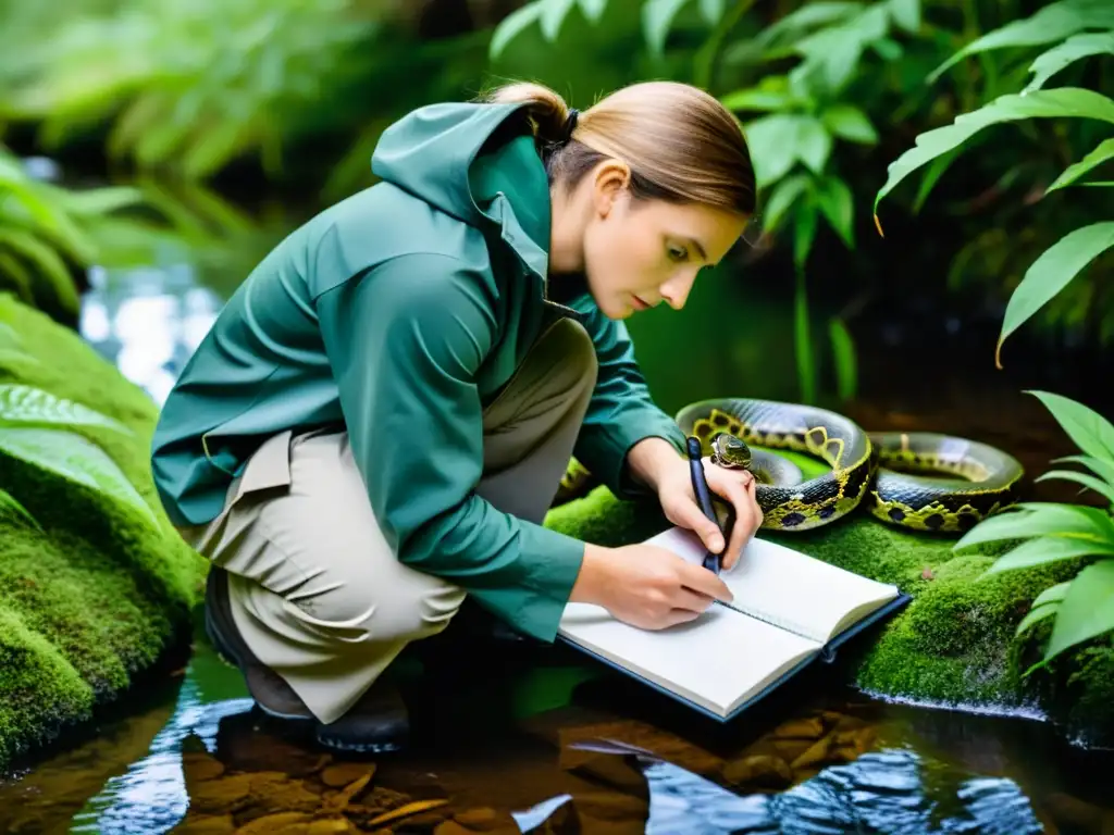 Un investigador observa atentamente las señales corporales de un reptil en su hábitat natural, mientras la serpiente se enrosca cerca de un arroyo