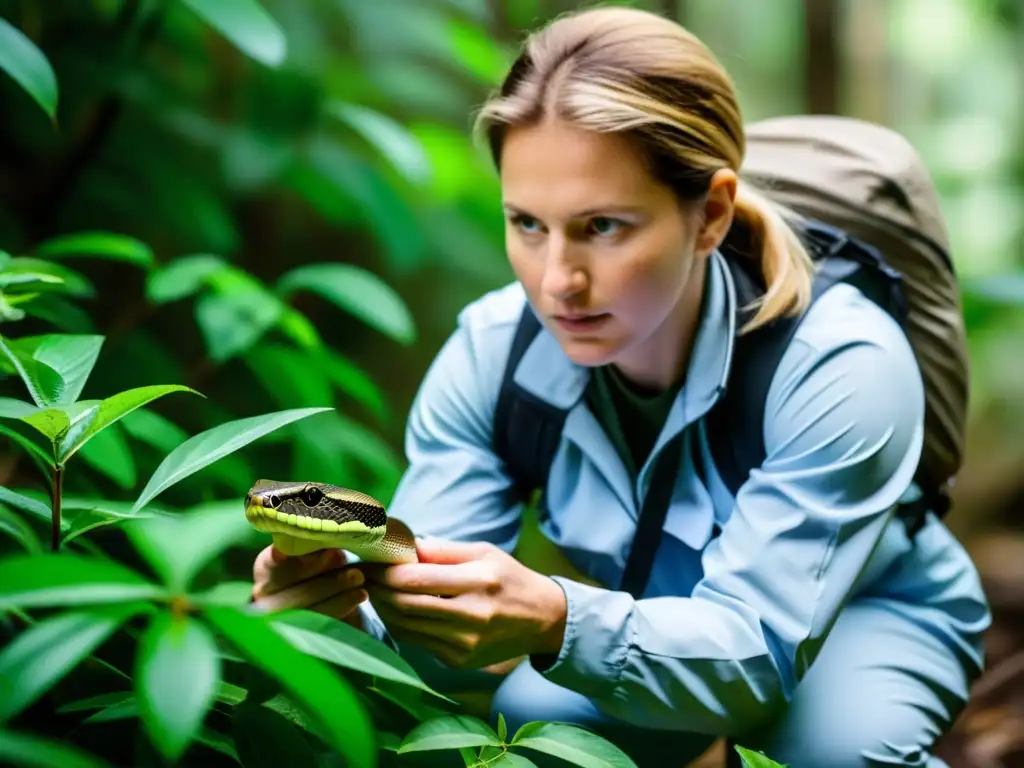 Investigador rastreando serpiente venenosa en la selva, usando métodos innovadores para estudio científico