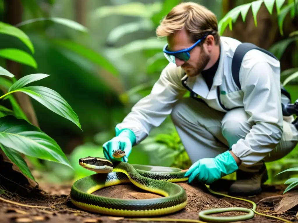 Un investigador de serpientes maneja con cuidado una serpiente venenosa en su hábitat natural, utilizando métodos de estudio precisos