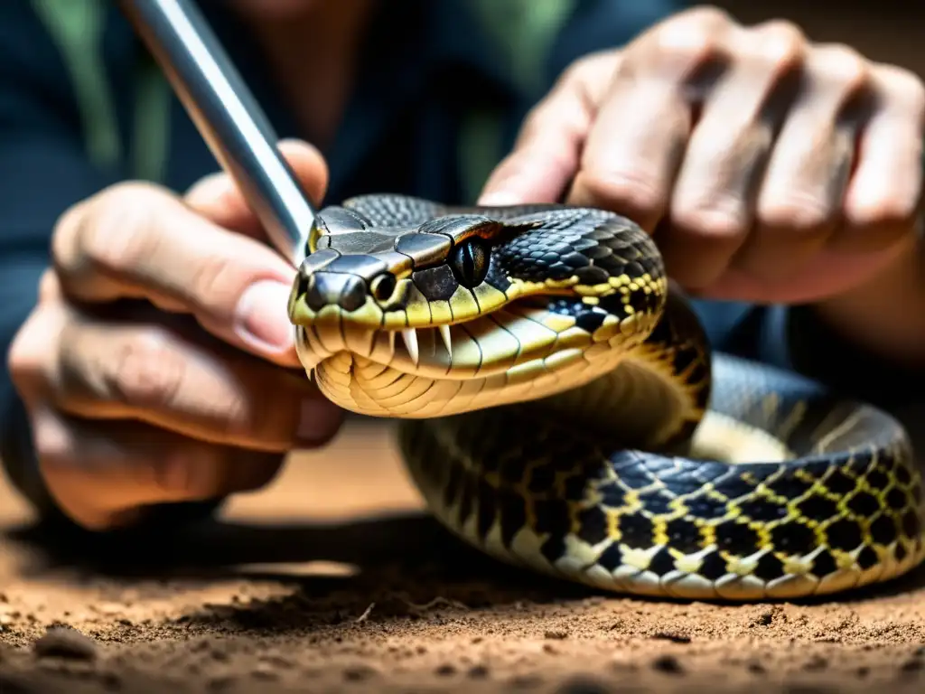 Un investigador extrae veneno de serpiente con precisión, en una escena de suspenso y peligro