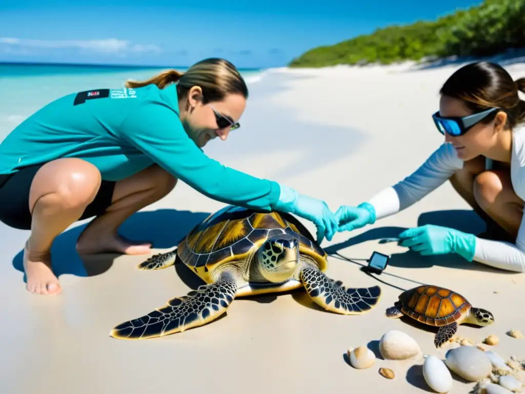 Investigadores colocan dispositivos de rastreo satelital a tortugas marinas en una playa