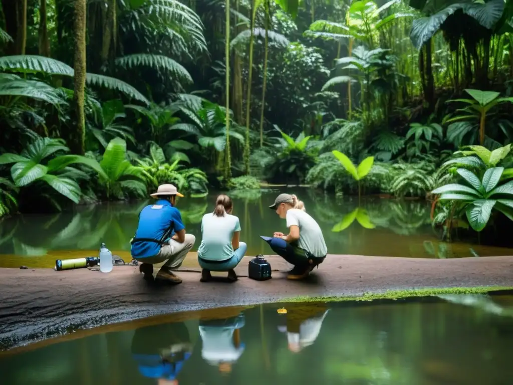 Investigadores grabando la comunicación bioacústica en anfibios en la exuberante selva tropical