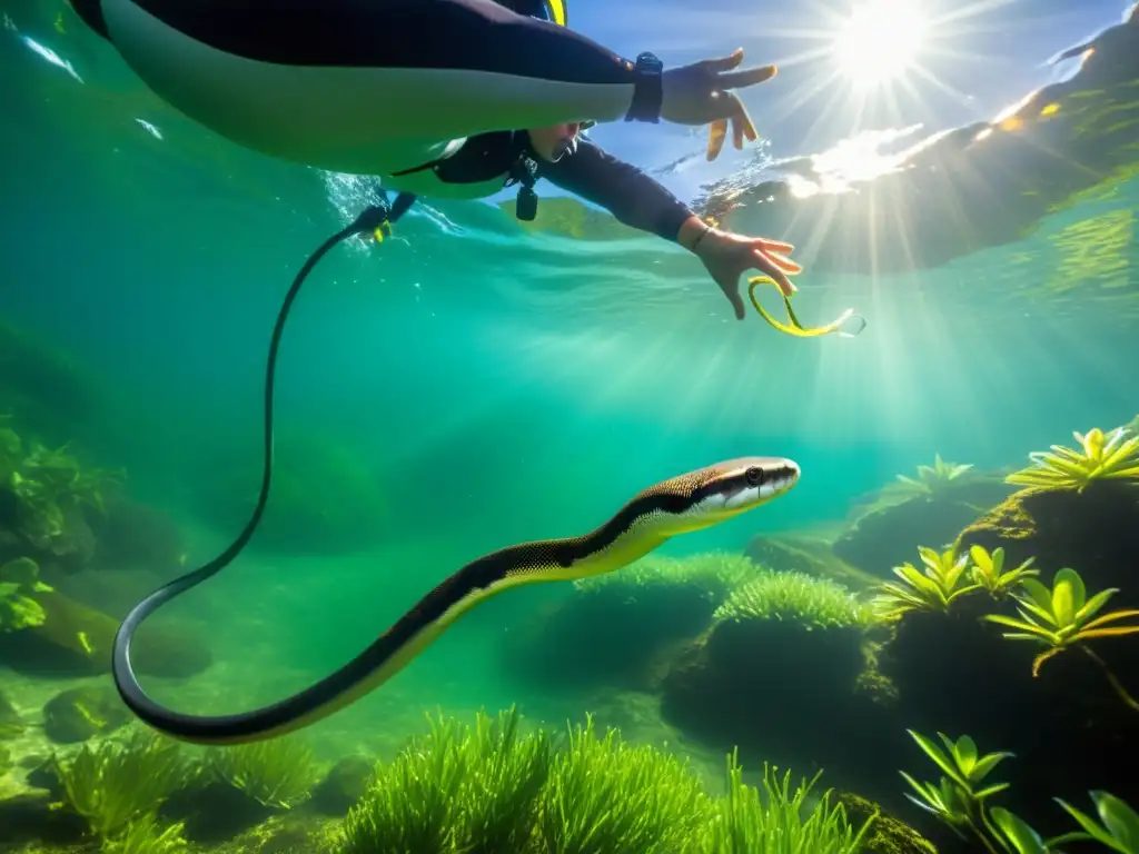 Investigadores liberan serpiente de agua dulce criada en cautiverio en un río cristalino, promoviendo la conservación de serpientes de agua dulce