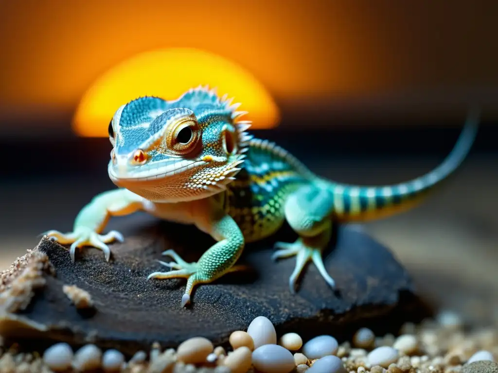 Joven reptil bajo lámpara de calor, cuidados de crecimiento reptiles jóvenes