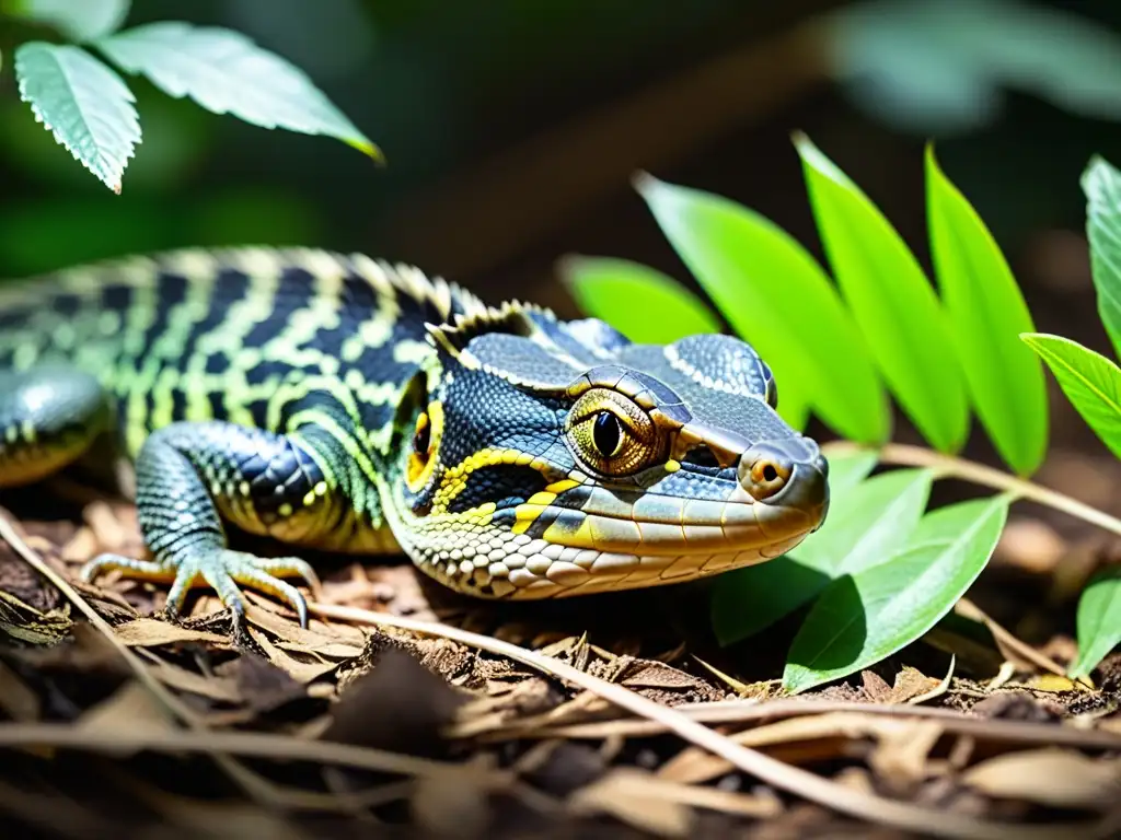 Joven reptil camuflado en el suelo del bosque, en postura defensiva