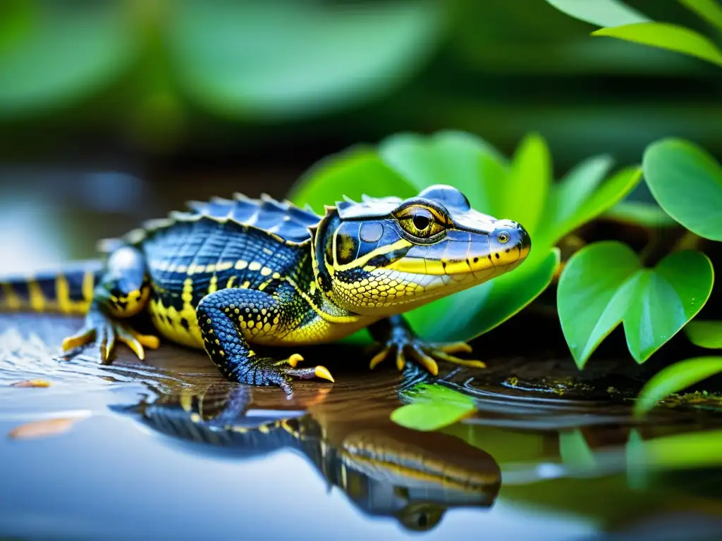 Joven reptil en su hábitat natural destaca por sus impresionantes patrones y texturas en un entorno de humedal vibrante