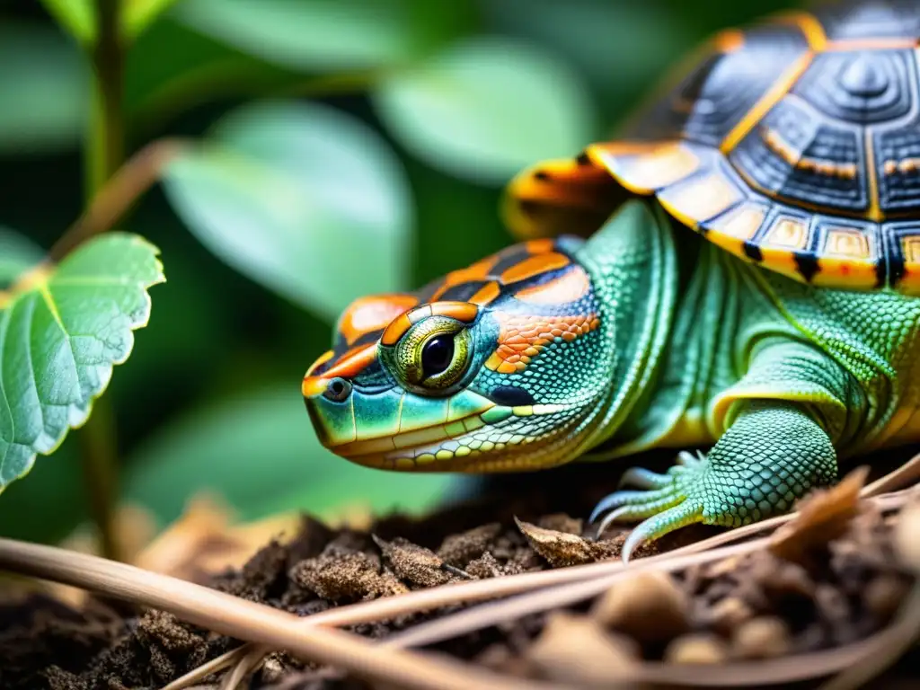 Un joven reptil descansa bajo una lámpara de calor