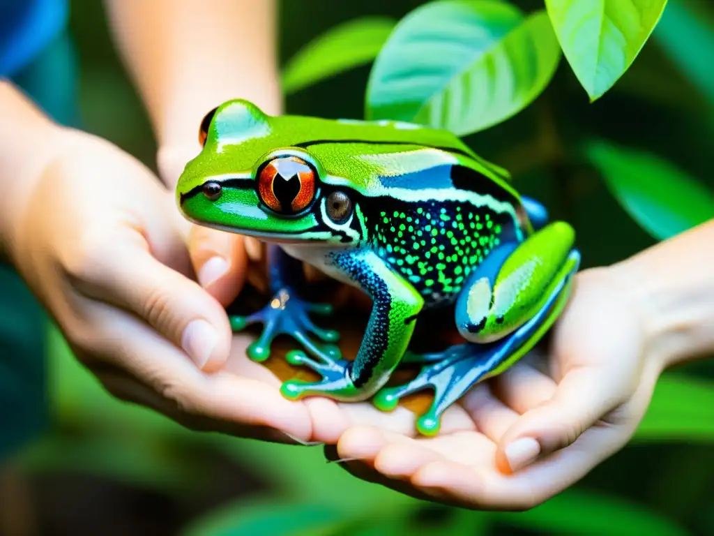 Jóvenes conservacionistas liberan cuidadosamente una colorida rana en su hábitat natural, destacando la conservación juvenil de reptiles y anfibios