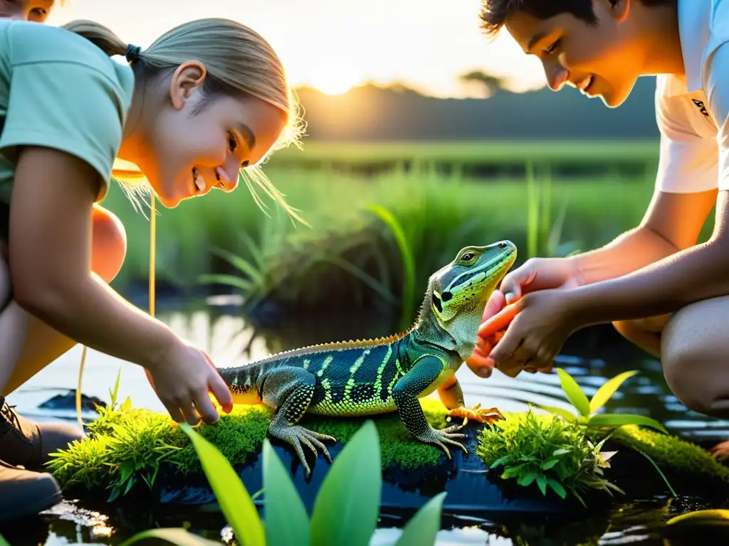 Jóvenes líderes en conservación liberan reptiles en hábitat natural al atardecer