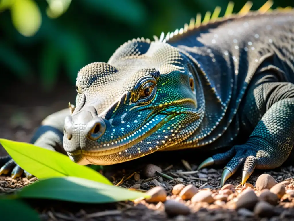 Un Komodo dragon duerme en la exuberante selva, con sus escamas reluciendo al sol y su pecho subiendo y bajando en un ritmo tranquilo