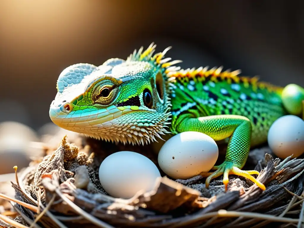 Una lagartija hembra cuida de su nido de huevos con detalle y dedicación bajo la luz del sol, resaltando los colores naturales de su piel