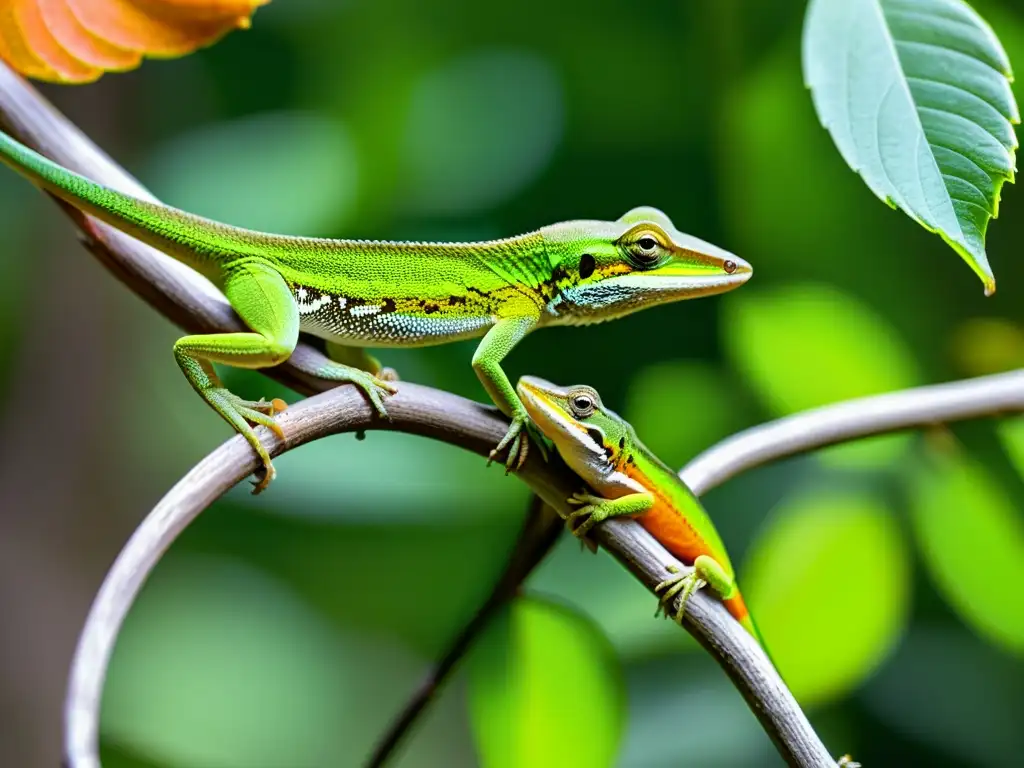 Dos lagartijas anolis verdes interactúan lúdicamente en un árbol