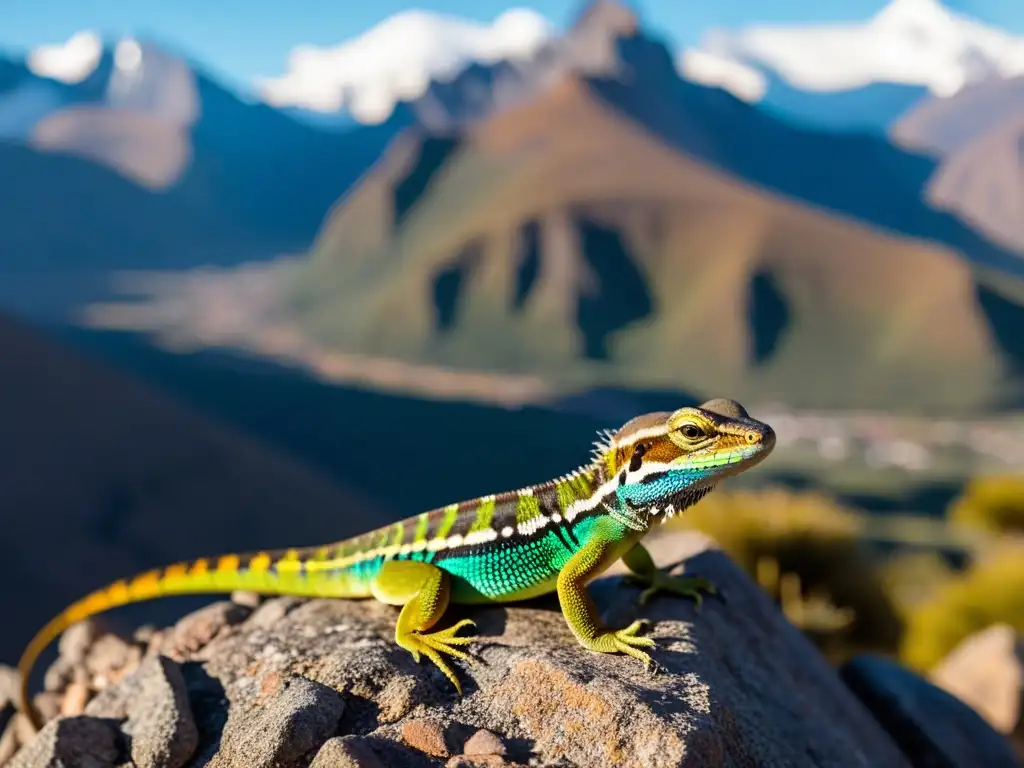 Un lagarto andino de patrón vívido descansa en el paisaje rocoso, con picos de los Andes al fondo