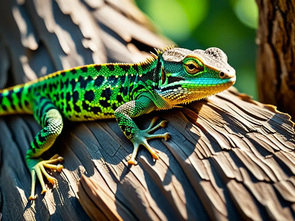 Un lagarto camuflado en la corteza de un árbol, sus escamas detalladas y su adaptación al entorno