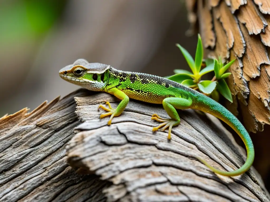 Un lagarto camuflado en la corteza rugosa de un árbol en una isla remota