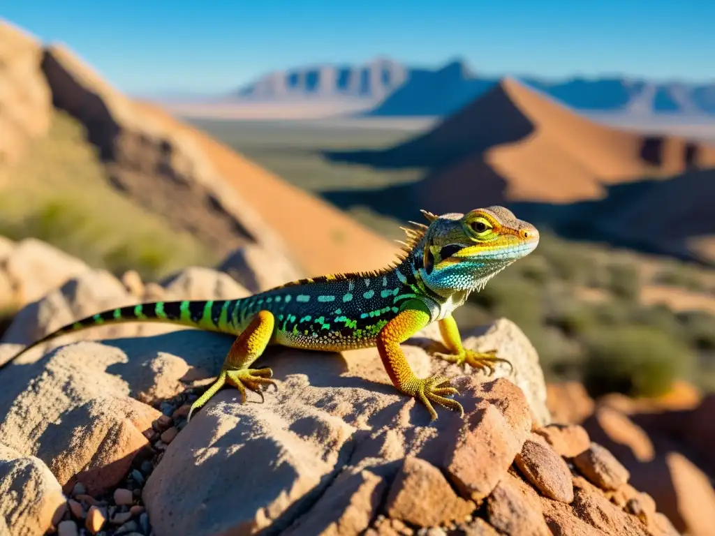 Un lagarto macho despliega su comportamiento territorial con su papada extendida, sobre una roca bajo el sol brillante