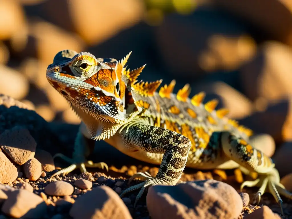 Un lagarto cornudo camuflado entre rocas del desierto, mostrando su extraordinaria capacidad de camuflaje