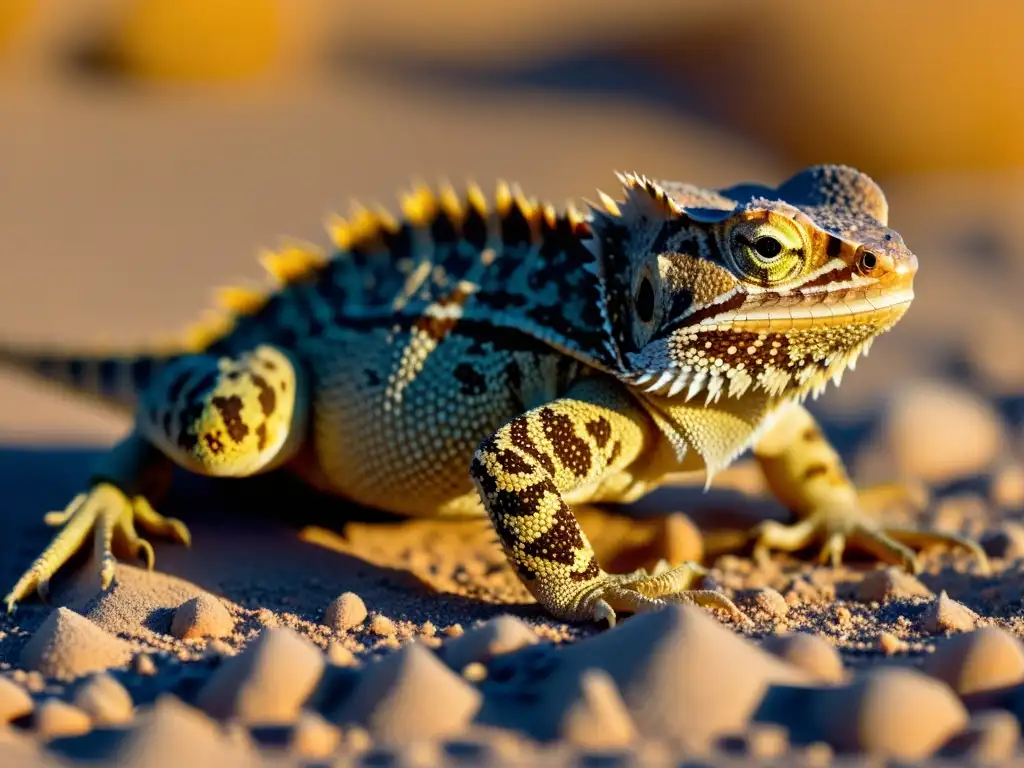 Un lagarto cornudo en su hábitat desértico, mostrando adaptaciones únicas de reptiles hábitats